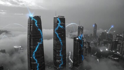Towering futuristic skyscrapers with electric blue veins of light, surrounded by dense fog and digital energy pulses in the skyline.