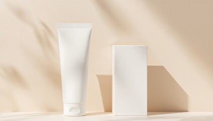 Mockup of Cosmetic Tube and Box Packaging on Beige Background with Shadow Overlay