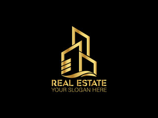 Luxury gold real estate logo with a building	