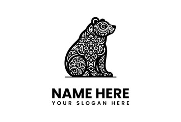 Intricate Black Bear Silhouette with Detailed Floral Pattern Design.