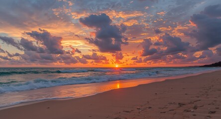Tropical Beach Sunset with Dramatic Clouds and Reflections on the Sand, Ocean.