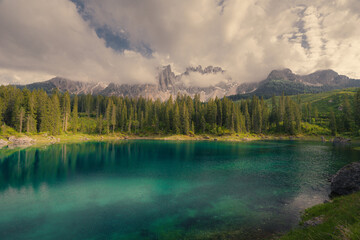 lake Carezza in the Dolomites mountains