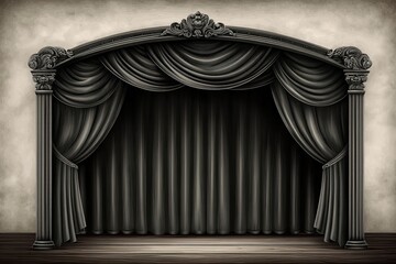 Elegantly crafted theatrical stage with rich draped curtains and ornate columns inviting anticipation for a grand performance in an exquisite artistic setting captured with clarity