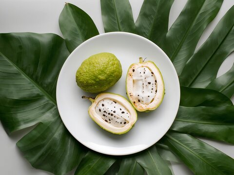 Green Genip Fruit Still Life with Tropical Leaves and a White Plate, Tropical Vibe.
