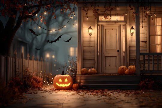 Halloween illustration with full-body witch carved pumpkins eerie haunted house and bare trees wide shot