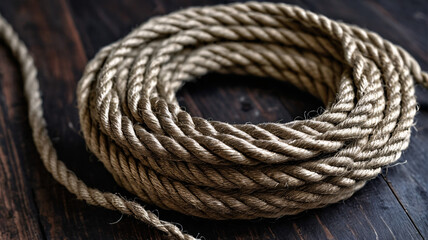Obraz premium Overhead macro of coiled jute rope on dark wood, sharp fiber details