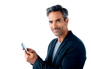 Smiling businessman holding a smartphone and looking at the camera isolated on transparent background