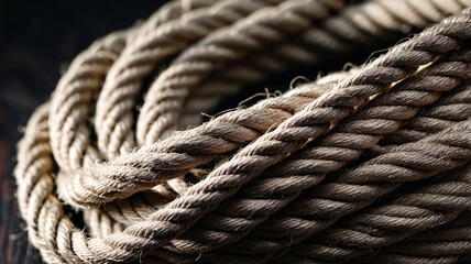 Overhead macro of coiled jute rope on dark wood, sharp fiber details