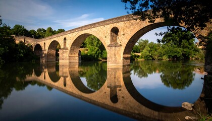 Fototapeta premium Stone arch bridge over a still river, reflecting a serene landscape