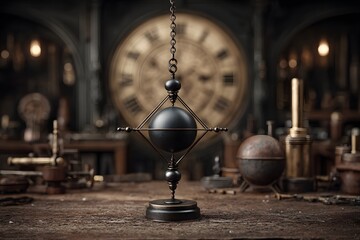 Obraz premium Pendulum swings with steady grace framed by nostalgic antique clock and workshop shadows.