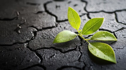 Naklejka premium A green leaf sprout emerging from cracked soil on a dark, cracked surface.