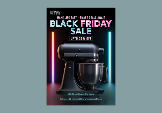 Black Friday Sale Flyer with Modern Coffee Machine for Kitchen Appliance or Home Essentials Promotion, Editable Design.