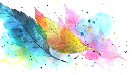 Vibrant watercolor paint splashes and delicate feather shapes create an ethereal  ic composition inspired by the natural world