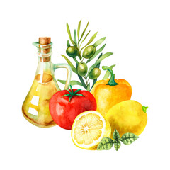 Watercolor illustration of vegetables, green olives, olive oil, lemons, basil isolated on a white background.
