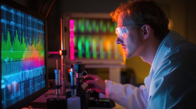 A man in a lab coat, wearing safety goggles, is examining a computer monitor with colorful data graphs in a laboratory setting.