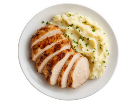Grilled chicken breast with mashed potatoes and parsley isolated on transparent background