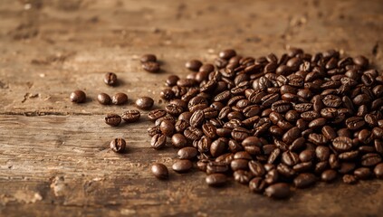 Fototapeta premium Roasted Coffee Beans on a Rustic Wooden Surface, CloseUp Shot, High Quality.