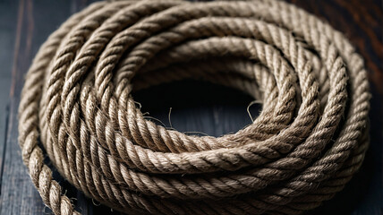 Obraz premium Overhead macro of coiled jute rope on dark wood, sharp fiber details