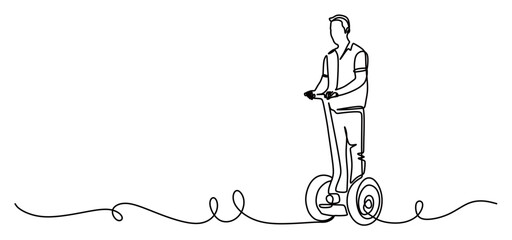 Continuous line art of a man riding a segway. Simple vehicle concept for commuting to work. This image is isolated with a transparent background.