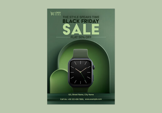 Black Friday Sale Flyer with Wristwatch on Green Surface for Fashion and Accessory Promotion on Half Price, Editable Design.