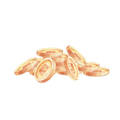 Watercolor illustration of a pile of golden coins with square holes, symbolizing wealth and prosperity on white background. Perfect for use in financial, Chinese New Year, or good luck-themed designs