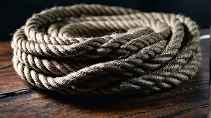 Overhead macro of coiled jute rope on dark wood, sharp fiber details