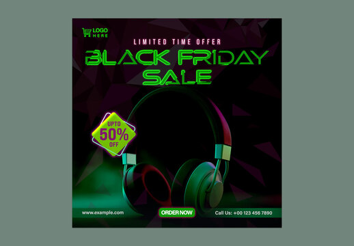 Black Friday Sale Social Media Post with Headphones for Tech Gadget Promotion, Editable Design.