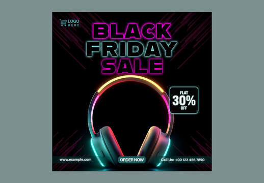 Black Friday Sale Social Media Post with  Neon Light Headphones for Tech Gadget Promotion, Editable Design.