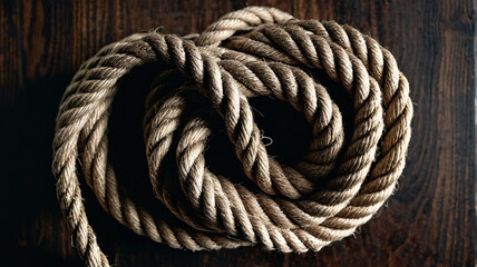 Obraz premium Overhead macro of coiled jute rope on dark wood, sharp fiber details