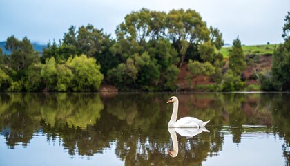 Swan swimming serene lake, nature reflection