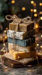 Stacked handmade soaps tied with twine, glowing lights