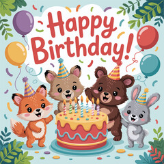 Fototapeta premium Adorable forest animals celebrating birthday with cake and balloons bear rabbit