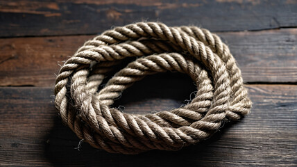 Obraz premium Overhead macro of coiled jute rope on dark wood, sharp fiber details