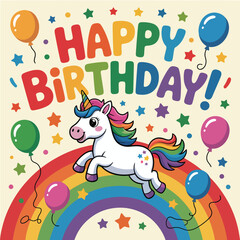 Adorable unicorn with rainbow mane on a rainbow with balloons and stars birthday celebration