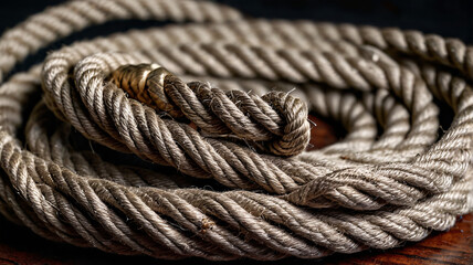 Obraz premium Overhead macro of coiled jute rope on dark wood, sharp fiber details