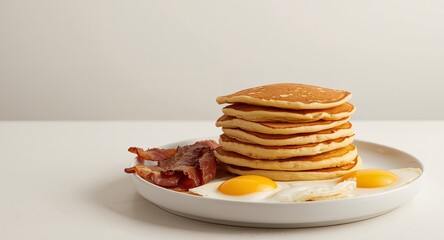 Stack of Fluffy Pancakes Served with Crispy Bacon and Sunny Side Up Eggs.