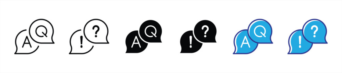 FAQ Question and Answer Icon Set. Modern Thin Line and Bold Chat Bubble Design with Q, A, Question Mark, and Exclamation Point for Support, Help Desk, Customer Service, Communication icon