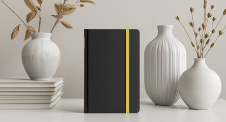 Minimalist Aesthetic Composition. Black Notebook with Yellow Band and Neutral Decor.
