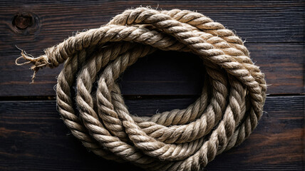 Obraz premium Overhead macro of coiled jute rope on dark wood, sharp fiber details