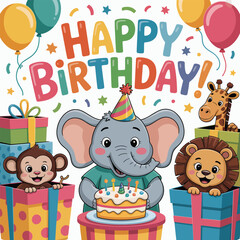 Fototapeta premium Birthday celebration with elephant lion monkey and giraffe in gifts vector illustration