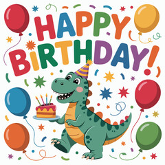 Cartoon Dinosaur Celebrating Birthday with Cake and Balloons happy birthday celebration