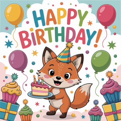 Cartoon fox in party hat holding birthday cake with candles and balloons celebration
