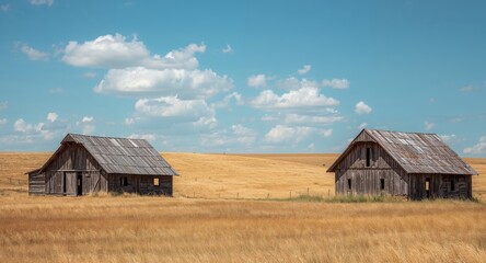 Obraz premium Two old barns in a golden field under a bright blue, cloudy sky, rural landscape.
