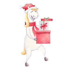 A joyful watercolor illustration of a festive horse wearing a Santa hat and scarf, carrying stacked gift boxes. Perfect for Christmas greeting cards, holiday decorations, or seasonal projects.