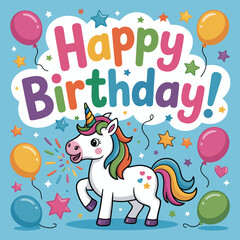 Obraz premium Cartoon unicorn with rainbow mane and tail celebrates birthday with balloons celebration