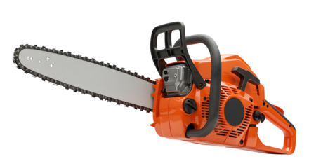 Orange chainsaw shows sharp detail, perfect for industry ads, presentations.