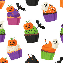 Seamless Halloween pattern featuring festive cupcakes adorned with pumpkins, ghosts, and bats on a white background.