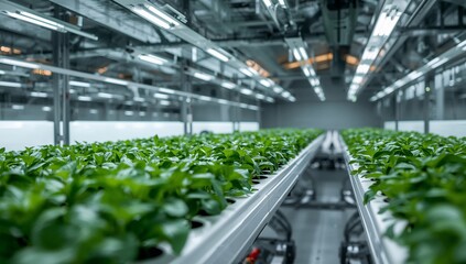 Naklejka premium Indoor Hydroponic Farm. Lush Green Plants Growing Under Artificial Lighting System