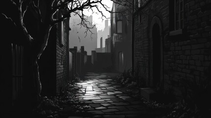 Gloomy alleyway, city, somber scene, sunlit distant buildings