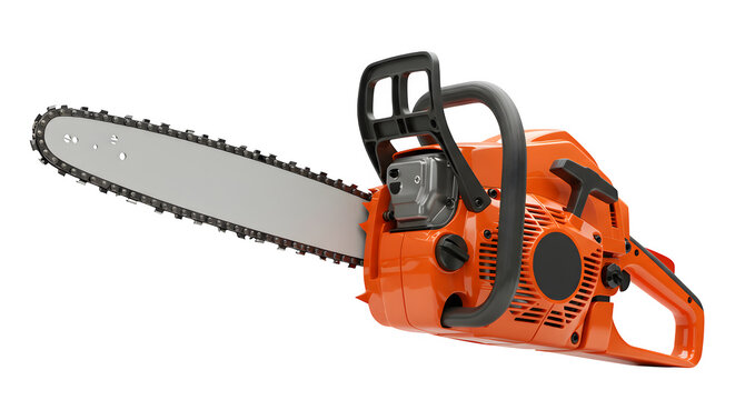 Orange chainsaw shows sharp detail, perfect for industry ads, presentations.